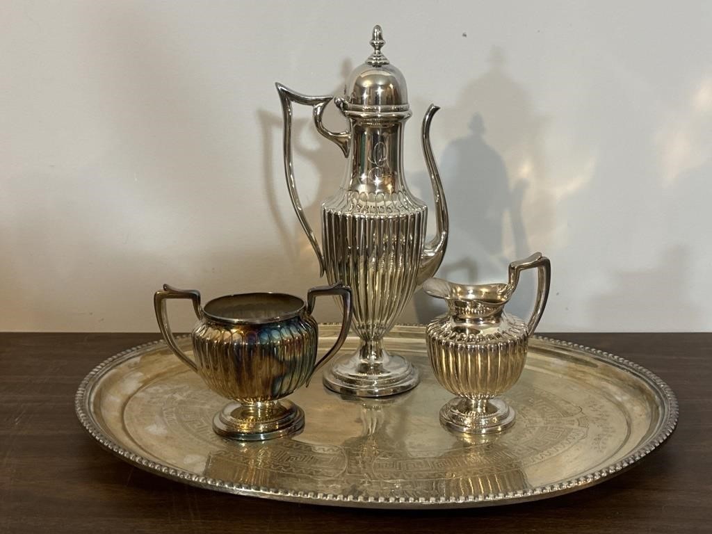 Silverplate Monogrammed Tea Set On Victorian Tray
