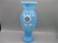 Fenton 11" blue opal vase, Cutshaw