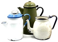 (3) Antique Enamel Wear Tea, Coffee Kettle Pots