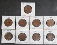 NINE CONSECUTIVE 1912 TO 1920 CANADIAN ONE CENTS