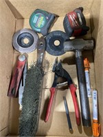 Miscellaneous box lot 25 foot tapes, snips,