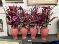FOUR PINK VASES WITH FAKE FLOWERS
