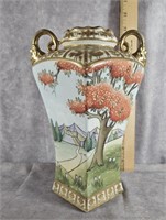 HAND PAINTED TWO HANDLE NIPPON VASE 10"