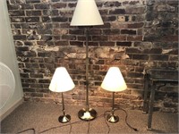 3x Metal studio lamps, 2x table & 1x floor