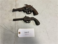 2 OLD METAL PISTOLS  ONE IS A NOISE MAKER ONE IS