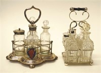 Two antique silver plated and glass cruet sets