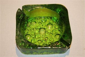 HEAVY GREEN GLASS ASHTRAY