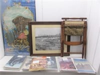 Framed prints, antique folding chair, and Civil