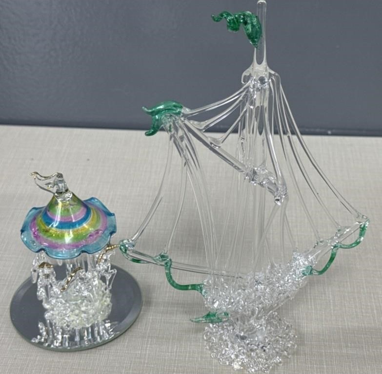 Spun Glass Nautical Ship With Glass Baron Carousel