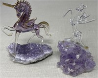 Unicorn Figurine on Purple Amethyst Crystal Geode