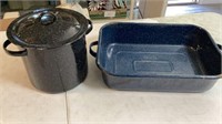 Speckled enamel blue pan, black pot with lid