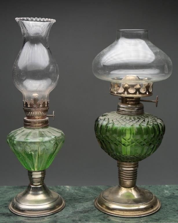 Vintage Green Glass Oil Lamps (2)