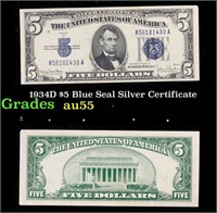 1934D $5 Blue Seal Silver Certificate Grades Choic