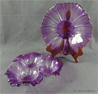 Sunflower Design Purple Art Glass Serving Bowls