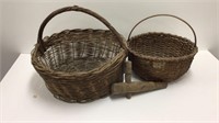 2 Antique Baskets and Wood Cider Keg Tap