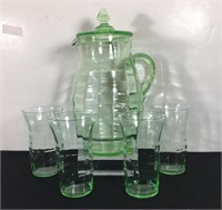 URANIUM GLASS WATER PITCHER SET 4 TUMBLERS