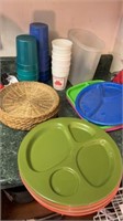 Paper plate holders, plastic plates, cups,