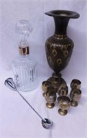Etched brass vase, 12" tall - 6 mini brass goblets