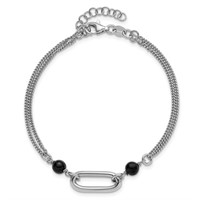 Silver Black Glass Pearl Bead Link Bracelet