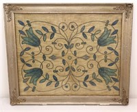 Framed 1901 blue floral embroidery art