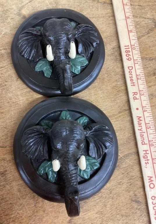 Pair of 6" diameter elephant wall plaque hooks