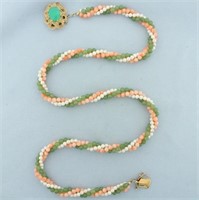 Jade, Pink Skin Coral, and Pearl Necklace in 14k Y