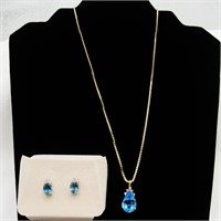 14K Gold Blue Topaz & Diamond Pendant Necklace &