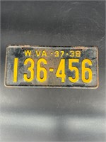 1937-38 WEST VIRGINIA LICENSE PLATE #136456 PAIR