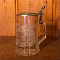 Etched Glass Lidded Beer Stein