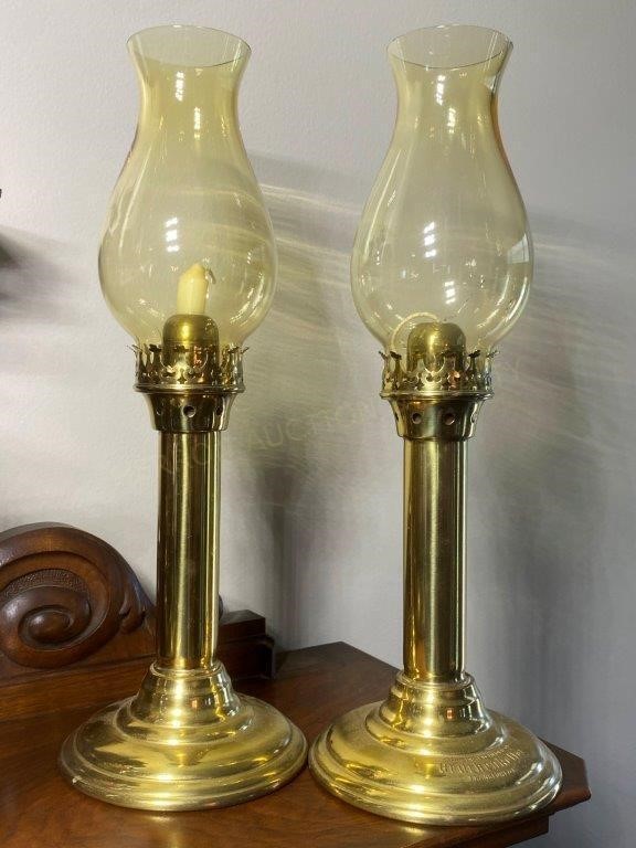 Pair of Antique Brass Candle Holders & Chimneys