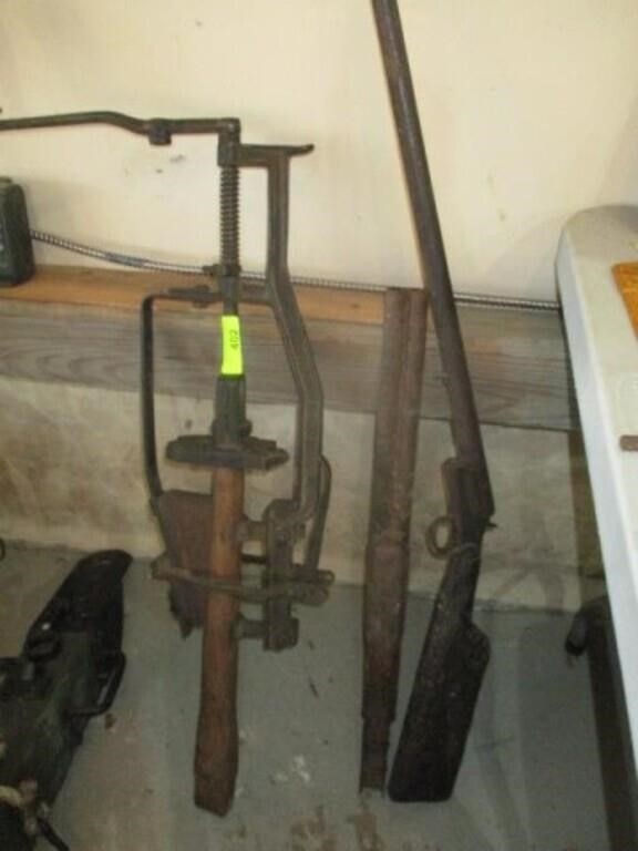 Antique hand crank drill press & 2 old gun (parts)