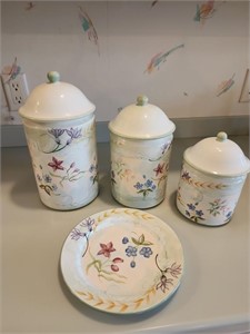 Capriware hand painted canister & plate set. Dinin