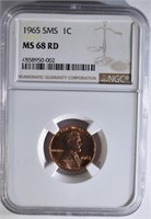 1965 SMS LINCOLN CENT, NGC MS-68 RED RARE!!!