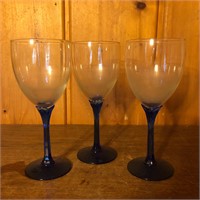 (3) Blue Stem Wine Glasses