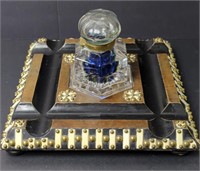 Antique Crystal Inkwell on Wood Desk Stand