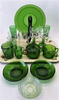 Vintage Green Glassware and Rose Themed Tray 12in