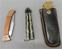 2 brass & wood Pakistan knives, one w/ sheath -