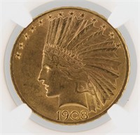 1908-D Gold Eagle NGC MS61 $10 Indian Head Motto
