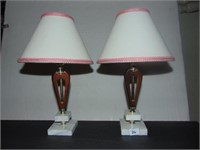 Pair of Marble base bed side lamps with pink trim