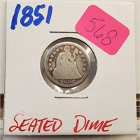 1851 90% Silver Seated Dime 10 Cents