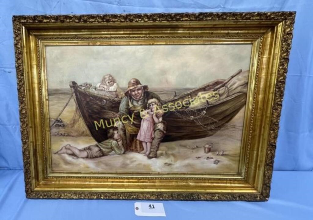 Fisherman with Children Framed Oil On Canvas