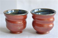 Vtg Small Art Pottery Rust Color Goblets W/ Blue &