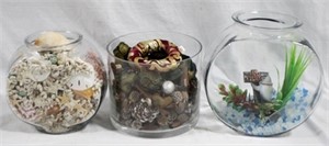 3 Glass fish bowls with contents
