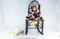Child's Rocker w/Porcelain Doll and Doll Clothes