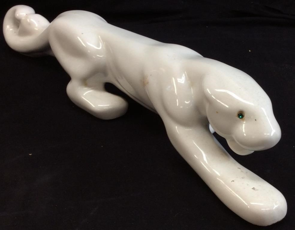 VINTAGE WHITE CERAMIC PANTHER, EMERALD GLASS EYES