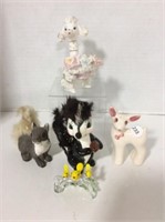 5 Animal Figurines - Poodle Birds, Skunk, Deer,