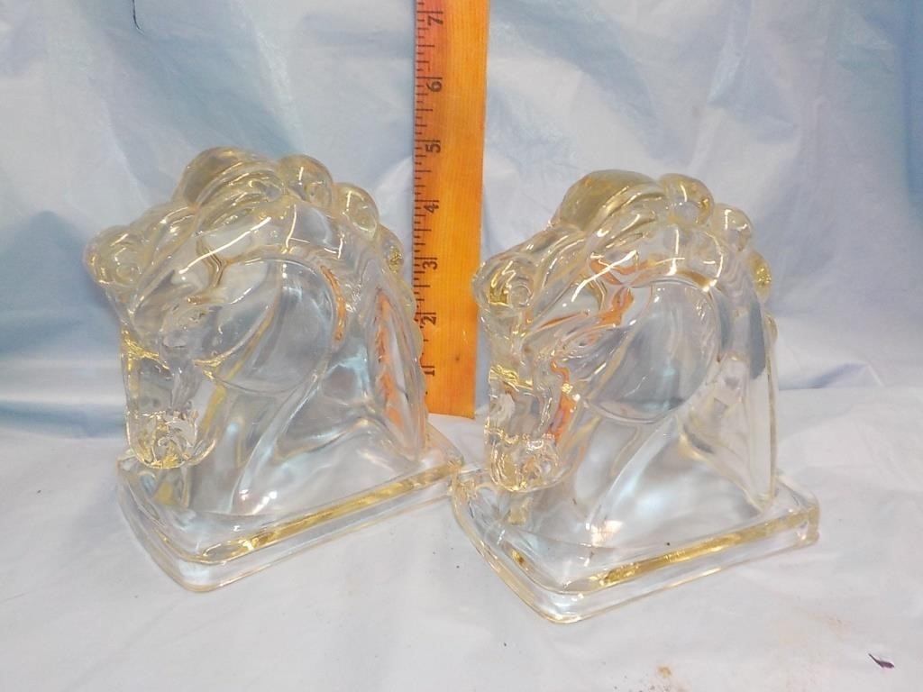 Clear glass horse head bookends