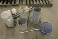 ASSORTED CHICKEN FEEDERS AND FISHNG NET