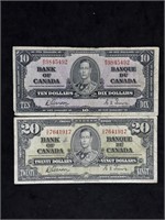1937 Canada 10 +20 Dollar Notes Gordon / Towers