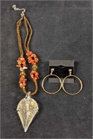 Necklace and Earrings Orange and Gold Color